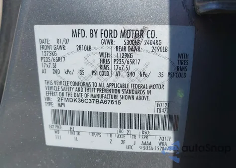2007 Ford Edge Se from USA, damaged, VIN 2FMDK36C37BA67615